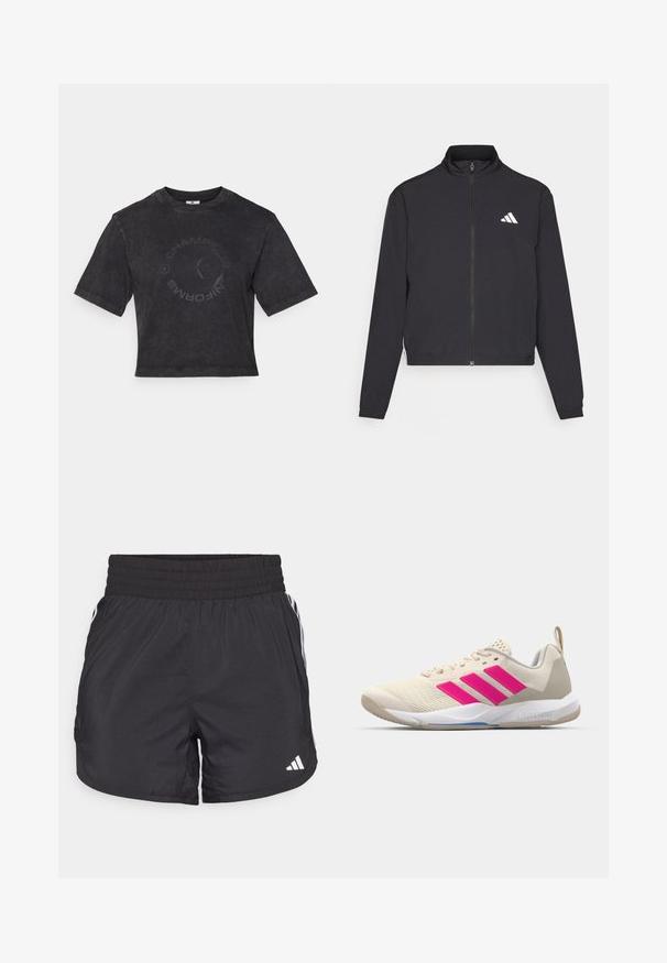 adidas Performance TRAIN ESSENTIALS 3 STRIPES WARM UP - Casaco de treino - black/white; Camiseta preta cropped em algodão macio com decote redondo. Apresenta uma impressão circular discreta de "CAMPEÕES" na frente e mangas curtas.; Calções de desporto pretos com um cós elástico, bolsos laterais e detalhes em lista branca nas laterais. Feitos de material leve.; Sapata atlética bege com logotipo de três riscas cor-de-rosa, parte superior em malha texturizada, colarinho acolchoado e sola de borracha branca, apresentando a marca "LIGHTSTRIKE".