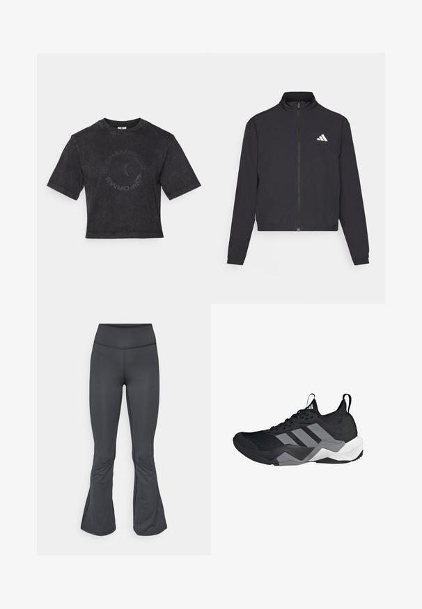 adidas Performance TRAIN ESSENTIALS 3 STRIPES WARM UP - Jakna za treniranje - black/white; Crna skraćena majica od mekanog pamuka s okruglim izrezom. Sadrži suptilan okrugli print "CHAMPIONS" na prednjoj strani i kratke rukave.; Sive tajice s krojem na zvono, napravljene od glatkog, rastezljivog materijala, s visokim strukom i bešavnom izradom.; Crne sportske tenisice s prozračnom mrežastom gornjom stranom, sivim naglascima, teksturiranim đonom i tri prepoznatljive pruge sa strane.