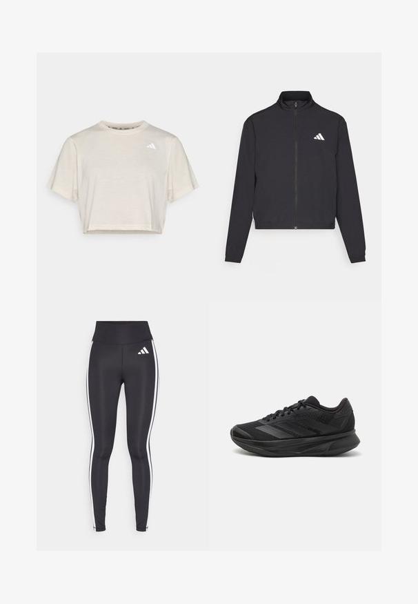 adidas Performance TRAIN ESSENTIALS 3 STRIPES WARM UP - Sportovní bunda - black/white; Zkrácené tričko s krátkým rukávem v béžové barvě z bavlněné směsi, s malým černým logem na hrudi. Měkká textura a kulatý výstřih.; Černé legíny s vysokým pasem, které mají bílé boční pruhy a malé bílé logo na horní levé stehně. Vyrobeny z hladkého, elastického materiálu.; Černé běžecké boty s prodyšným síťovaným svrškem, kulatou špičkou, elegantním designem, texturovanými detaily a polstrovanou podrážkou pro pohodlí.