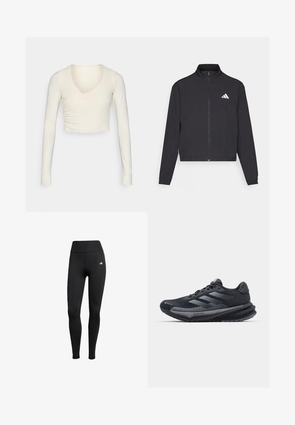 adidas Performance TRAIN ESSENTIALS 3 STRIPES WARM UP - Training jacket - black/white; Long-sleeve, cream-colored crop top with a v-neck and gathered side detail, made from stretchy fabric for a fitted look.; Black athletic leggings with a high waistband. Made of stretchable fabric featuring a white logo detail on the upper left side.; Black athletic shoe with a textured mesh upper, reflective accents, cushioned sole, and a streamlined design. Features three stripe logo.