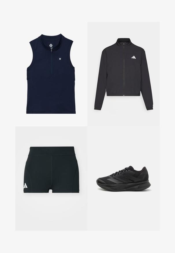 adidas Performance TRAIN ESSENTIALS 3 STRIPES WARM UP - Trainingsjacke - black/white; Marineblaue ärmellose Sportoberteile aus dehnbarem Material, mit einem Frontreißverschluss, rundem Kragen und einem kleinen Logo auf der Brust.; Schwarze Sportshorts aus elastischem Material, mit hohem Bund, taillierter Form und weißem Adidas-Logo auf der linken Seite.; Schwarzer Laufschuh mit einem atmungsaktiven Mesh-Obermaterial, runder Zehenpartie, schlankem Design, strukturierten Akzenten und einer gepolsterten Sohle für Komfort.