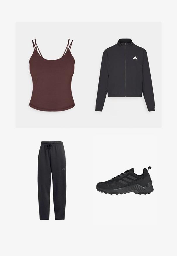 adidas Performance TRAIN ESSENTIALS 3 STRIPES WARM UP - Treningsjakke - black/white; Brun tank topp med tynne justerbare stropper, laget av glatt stoff. Rundet utringning og en svakt buet hem ved livet.; Sorte joggebukser laget av mykt stoff, med elastisk midjebånd og snøring, rette ben og en diskret logo på låret.; Svart idrettssko med mesh-overdel, design med tre striper, formet hæl og robust yttersåle med fremtredende støtteknopper.