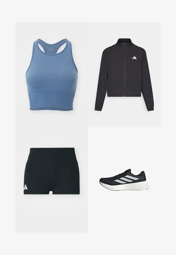 adidas Performance TRAIN ESSENTIALS 3 STRIPES WARM UP - Trainingsjacke - black/white; Hellblauer, gerippter Sport-BH mit figurschmeichelndem Design, breiten Trägern und Racerback-Silhouette. Weicher Stoff und nahtloser Bund am unteren Ende.; Schwarze Sportshorts aus elastischem Material, mit hohem Bund, taillierter Form und weißem Adidas-Logo auf der linken Seite.; Schwarzer Sportschuh mit einer strukturierten oberen Fläche, der drei weiße Streifen an der Seite und eine weiße Zwischensohle hat. Leichtes Design, stromlinienförmige Form.