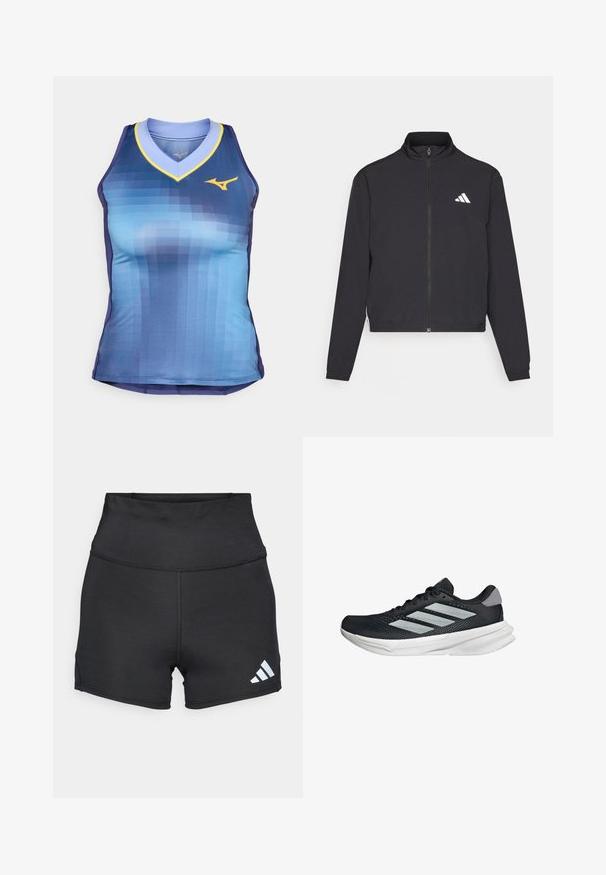 adidas Performance TRAIN ESSENTIALS 3 STRIPES WARM UP - Training jacket - black/white; Sleeveless athletic top featuring a gradient design in blue shades, a v-neck with yellow accents, and a fitted silhouette. Made of smooth, lightweight fabric.; adidas Performance Leggings - black; Black running shoe with mesh upper, three silver stripes, white midsole, and textured outsole. Features padded collar and lace closure.