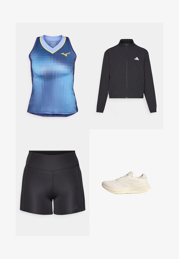 adidas Performance TRAIN ESSENTIALS 3 STRIPES WARM UP - Verryttelytakki - black/white; Hihaton urheilu-toppi, jossa on sinisin sävyin toteutettu gradienttimuotoilu, V-pääntie keltaisilla tehosteilla ja istuva siluetti. Valmistettu sileästä, kevyestä kankaasta.; Mustat urheilushortsit, jotka on valmistettu joustavasta materiaalista, joissa on korkea vyötärö, tasosaumat ja huomaamaton Adidas-logo alakulmassa.; Vaaleanbeige urheilukenkä, jossa on verkkokangasylhys, litteät nauhat ja pehmustettu pohja. Sivussa on kolme raitaa.