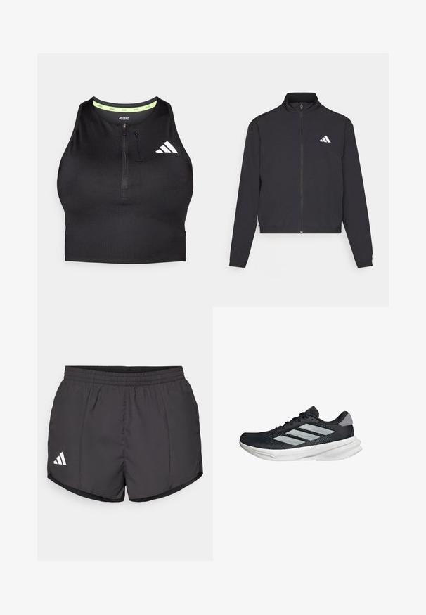 adidas Performance TRAIN ESSENTIALS 3 STRIPES WARM UP - Trainingsjacke - black/white; Schwarzes sportliches Crop-Top mit einem Reißverschluss an der Vorderseite, aus glattem Material gefertigt. Verfügt über einen grünen Innenkragen und ein weißes Logo an der Seite.; Schwarze Sportshorts aus leichtem Material, mit einem elastischen Bund und einem weißen Adidas-Logo auf der unteren linken Seite.; Schwarzer Laufschuh mit Mesh-Obermaterial, drei silbernen Streifen, weißer Zwischensohle und strukturiertem Außensohle. Verfügt über einen gepolsterten Schaft und eine Schnürung.