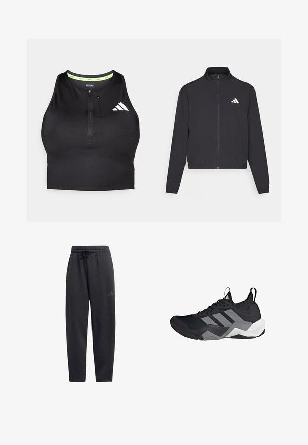 adidas Performance TRAIN ESSENTIALS 3 STRIPES WARM UP - Chaqueta de entrenamiento - black/white; Top corto atlético negro con cremallera en la parte delantera, hecho de una tela suave. Presenta un interior del cuello verde y un logo blanco en el costado.; Pantalones de chándal negros hechos de una tela suave, con una cintura elástica y cordón, piernas rectas y un logo discreto en el muslo.; Zapatilla deportiva negra con parte superior de malla transpirable, acentos grises, suela texturizada y tres distintivas franjas en el costado.