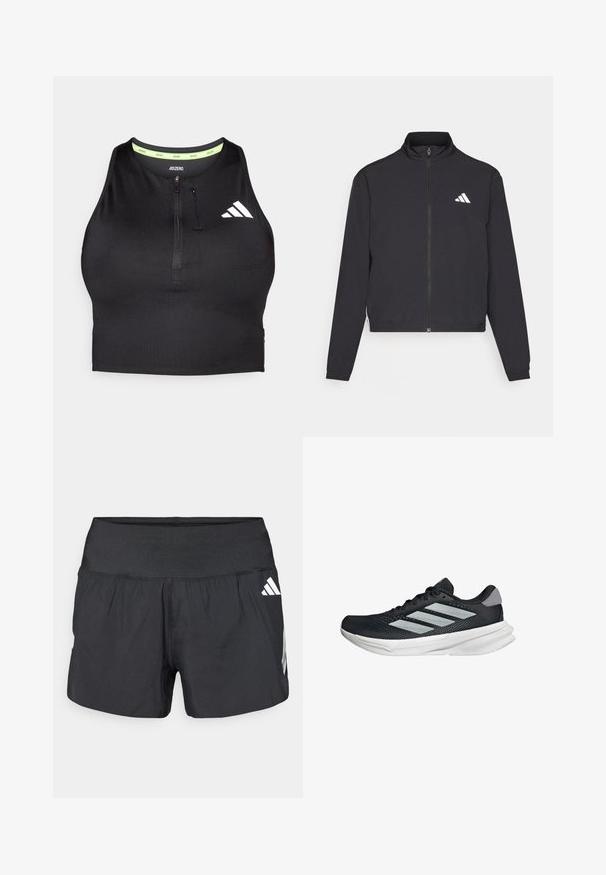 adidas Performance TRAIN ESSENTIALS 3 STRIPES WARM UP - Giacca sportiva - black/white; Top sportivo cropped nero con zip sul davanti, realizzato in tessuto morbido. Presenta un colletto interno verde e un logo bianco di lato.; Pantaloncini sportivi neri con una fascia elastica larga in vita, tessuto leggero e dettagli del logo bianco sul lato inferiore.; Scarpa da corsa nera con tomaia in mesh, tre strisce argentate, intersuola bianca e suola testurizzata. Presenta un colletto imbottito e chiusura con lacci.