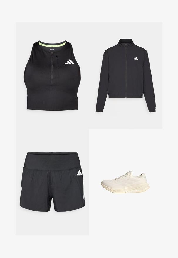 adidas Performance TRAIN ESSENTIALS 3 STRIPES WARM UP - Giacca sportiva - black/white; Top sportivo cropped nero con zip sul davanti, realizzato in tessuto morbido. Presenta un colletto interno verde e un logo bianco di lato.; Pantaloncini sportivi neri con una fascia elastica larga in vita, tessuto leggero e dettagli del logo bianco sul lato inferiore.; Scarpa sportiva beige chiaro con tomaia in rete, lacci piatti e soletta ammortizzata. Presenta un design a tre strisce sul lato laterale.