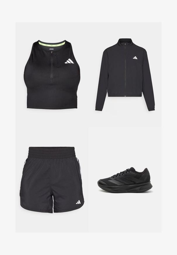 adidas Performance TRAIN ESSENTIALS 3 STRIPES WARM UP - Træningsjakke - black/white; Sort trænings crop top med lynlås foran, lavet af glat stof. Har en grøn indvendig halsudskæring og et hvidt logo på siden.; Sorte atletiske shorts med elastisk talje, sidelommer og hvid stribeaccent på siderne. Fremstillet af letvægtsmateriale.; Sort løbesko med en åndbar mesh-overdel, afrundet tå, strømlinet design, teksturerede detaljer og en polstret sål for komfort.