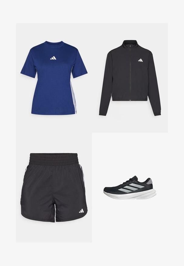 adidas Performance TRAIN ESSENTIALS 3 STRIPES WARM UP - Jakna za treniranje - black/white; Tamno plava majica s kratkim rukavima od pamuka, visokog ovratnika, s bijelim logotipom i kontrastnim bijelim trakama sa strane.; Crne atletske kratke hlače s elastičnom trakom u struku, bočnim džepovima i bijelim prugama sa strane. Izrađene su od laganog materijala.; Crne trkačke tenisice s mrežastim gornjim dijelom, tri srebrne pruge, bijeli srednji sloj i teksturirani potplat. Sadrži podstavljeni ovratnik i zatvaranje s vezicama.