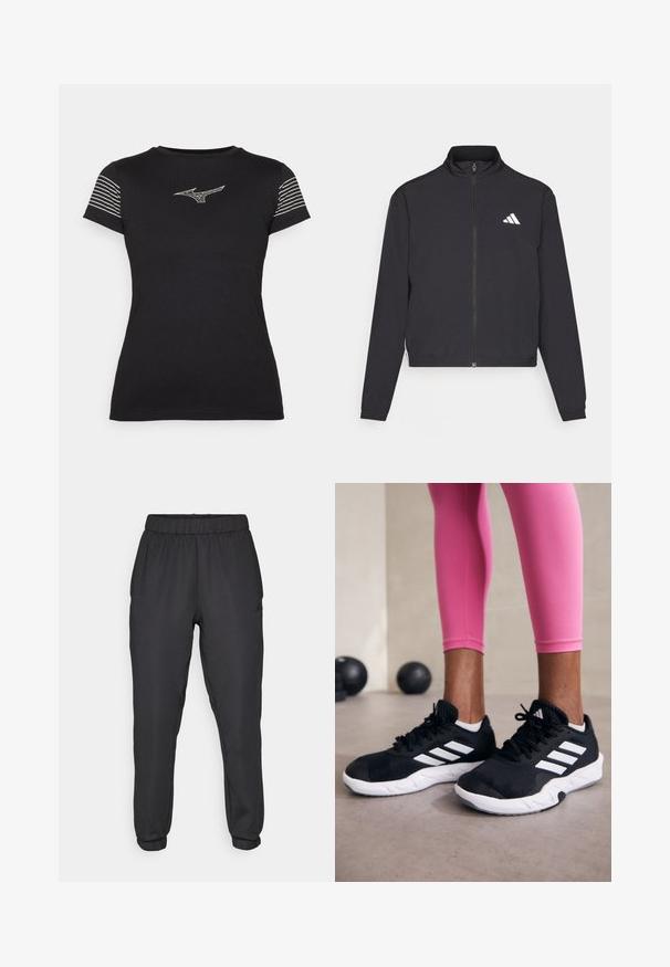 adidas Performance TRAIN ESSENTIALS 3 STRIPES WARM UP - Sportinė striukė - black/white; Juodas marškinėliai trumpomis rankovėmis, dekoruoti baltais horizontaliais dryžiais ant rankovių ir baltu logotipu ant krūtinės. Minkšta audinio tekstūra.; Juodi sportiniai džinsai su elastinga juosta ir rankovėmis. Lygi tekstūra, ant šono yra logotipas, o kirpimas siaurėjantis.; Juodi sportiniai bateliai su baltais dryžiais, tekstūruota tinklinė viršutinė dalis ir balti padai. Dėvimi su rožiniais leggingais, demonstruojant treniruočių aprangą.