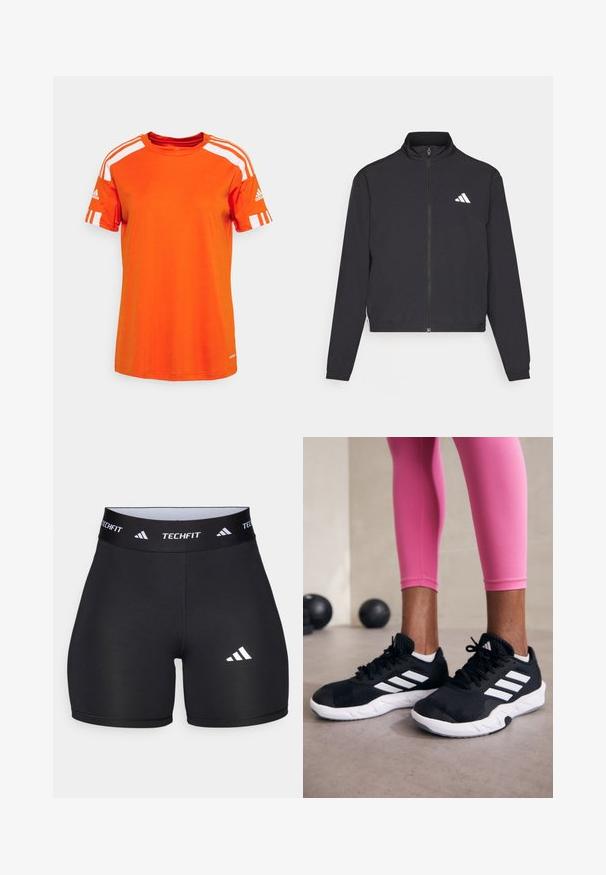 adidas Performance TRAIN ESSENTIALS 3 STRIPES WARM UP - Trainingsjacke - black/white; adidas Performance SQUAD 21 JSY W - Sport T-Shirt - team orange/white; Schwarze Shorts aus dehnbarem Stoff mit passgenauer Passform. Verfügt über einen breiten schwarzen Bund, der mit "TECHFIT" beschriftet ist, und ein weißes Logo am Bein.; Schwarze Sportschuhe mit weißen Streifen, strukturiertem Mesh-Obermaterial und einer weißen Sohle. Kombiniert mit pinken Leggings, die Trainingsbekleidung zur Schau stellen.