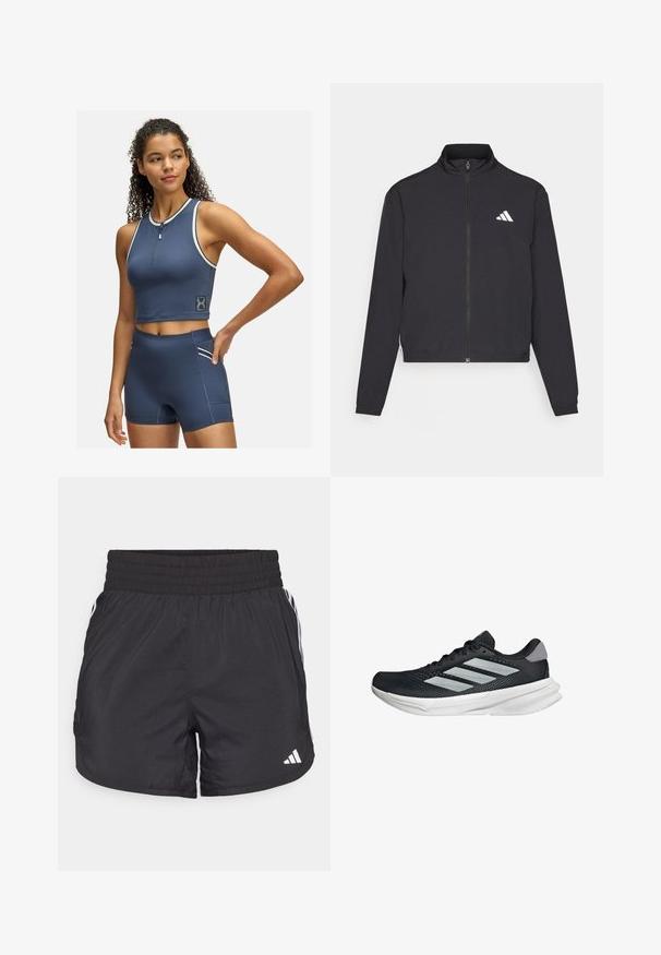 adidas Performance TRAIN ESSENTIALS 3 STRIPES WARM UP - Trainingsjacke - black/white; Marineblaues Sport-Crop-Top mit einem Reißverschluss vorne und weißen Akzenten; kombiniert mit hoch taillierten Shorts mit einer Seitentasche und passenden Details.; Schwarze Sportshorts mit elastischem Bund, seitlichen Taschen und weißen Streifenakzenten an den Seiten. Hergestellt aus leichtem Material.; Schwarzer Laufschuh mit Mesh-Obermaterial, drei silbernen Streifen, weißer Zwischensohle und strukturiertem Außensohle. Verfügt über einen gepolsterten Schaft und eine Schnürung.