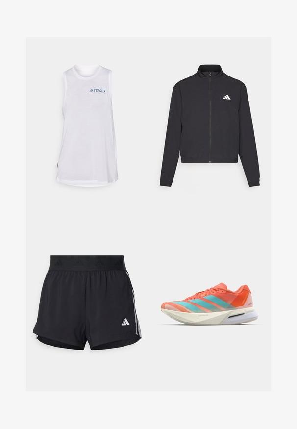 adidas Performance TRAIN ESSENTIALS 3 STRIPES WARM UP - Spordijakk - black/white; Valge lühikeste varrukateta sporditopp, millel on ümar kaelus ja kontrastne sinine "TERREX" logo, valmistatud kergest ja hingavast materjalist.; Musta sportlikud lühikesed püksid elastse vöökohtaga, millel on tekstuuriga riba, külgmised triibud ja alumises servas valge Adidas'i logo.; Jooksujalatsid hingava võrkkattega korallpunases ja akvamariin värvitoonis, millel on kolm triipu, pehme tald ja elegantne disain.