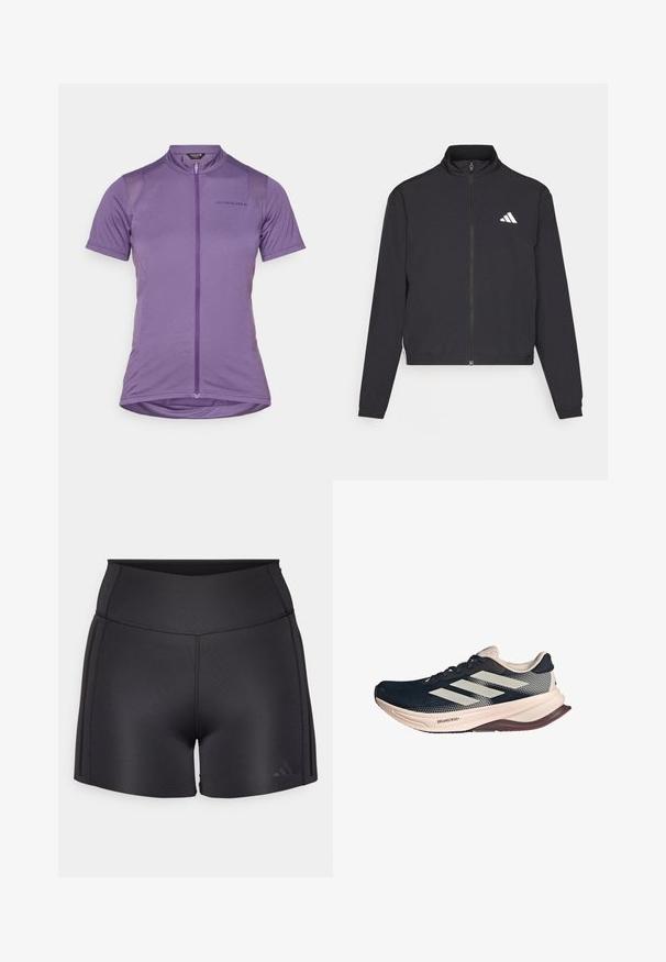 adidas Performance TRAIN ESSENTIALS 3 STRIPES WARM UP - Training jacket - black/white; Short-sleeve cycling jersey in purple, featuring a front zipper, subtle logo, and lightweight, breathable fabric with a smooth texture.; Black athletic shorts made of stretchy material, featuring a high waistband, flat seams, and a subtle Adidas logo in the lower corner.; Running shoe with a dark blue mesh upper, light beige sole, and white three-stripe design. Features a sleek, aerodynamic shape and textured accents.