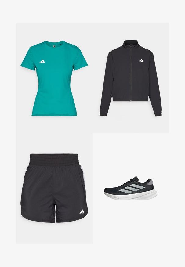 adidas Performance ESSENTIALS 3 STRIPES czarny; Turkusowa koszulka sportowa wykonana z lekkiego materiału. Posiada krótkie rękawy oraz białe logo po lewej stronie klatki piersiowej.; Czarne spodenki sportowe z elastycznym paskiem w talii, bocznymi kieszeniami oraz białymi akcentami wzdłuż boków. Wykonane z lekkiego materiału.; Czarny but biegowy z siateczkowym wierzchem, trzema srebrnymi paskami, białą podeszwą środkową i teksturowaną podeszwą zewnętrzną. Posiada wyściełany kołnierz i zapięcie na sznurówki.