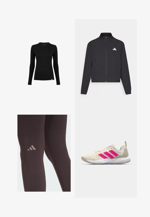 adidas Performance TRAIN ESSENTIALS 3 STRIPES WARM UP - Sportovní bunda - black/white; Černé tričko s dlouhým rukávem vyrobené z hladké látky s kulatým výstřihem. Na spodním levém rohu je jemná logo štítek. Minimalistický design.; Černé sportovní legíny s hladkou texturou, na stehně s jemným hnědým logem Adidas a s vyztuženými švy.; Béžová sportovní obuv s růžovým logem tří pruhů, texturovaným síťovaným svrškem, polstrovaným límcem a bílou gumovou podešví, s označením "LIGHTSTRIKE".