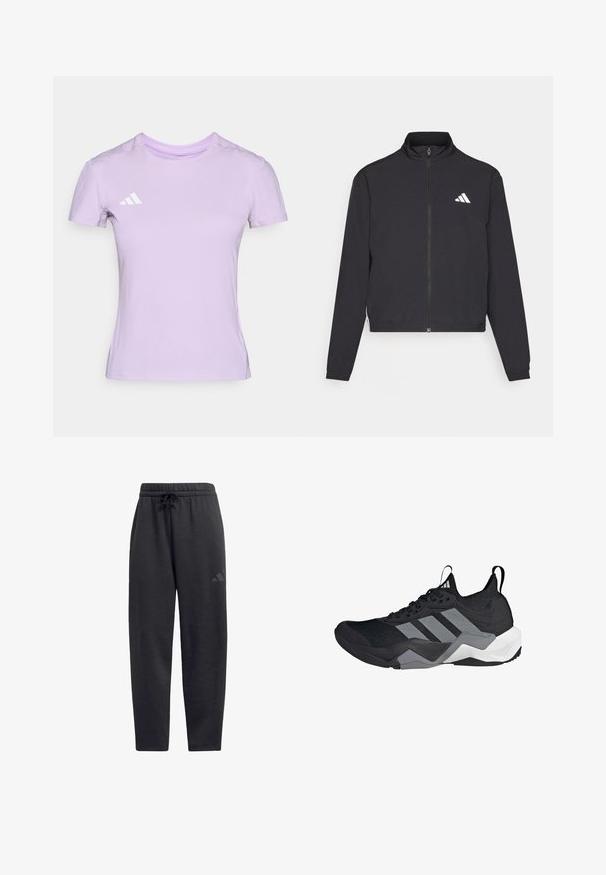 adidas Performance TRAIN ESSENTIALS 3 STRIPES WARM UP - Tréning dzseki - black/white; Világoslila sport póló, puha anyagból készült, kerek nyakú és rövidujjú, bal mellen fehér Adidas logóval.; Fekete melegítőnadrág, puha anyagból készült, rugalmas derékrésszel, húzózsinórral, egyenes lábakkal és egy diszkrét logóval a combon.; Fekete sportcipő, lélegző hálós felsőrésszel, szürke kiegészítőkkel, texturált talppal és három jellegzetes csíkkal az oldalon.