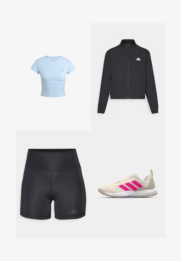adidas Performance TRAIN ESSENTIALS 3 STRIPES WARM UP - Sportovní bunda - black/white; Světle modré sportovní tričko s krátkými rukávy a zkráceným střihem, žebrovanou spodní částí a jemným logem na hrudi. Hladká textura, přiléhavý design.; Černé sportovní šortky s vysokým pasem, hladkou texturou, plochými švy a jemným logem na spodní straně.; Béžová sportovní obuv s růžovým logem tří pruhů, texturovaným síťovaným svrškem, polstrovaným límcem a bílou gumovou podešví, s označením "LIGHTSTRIKE".