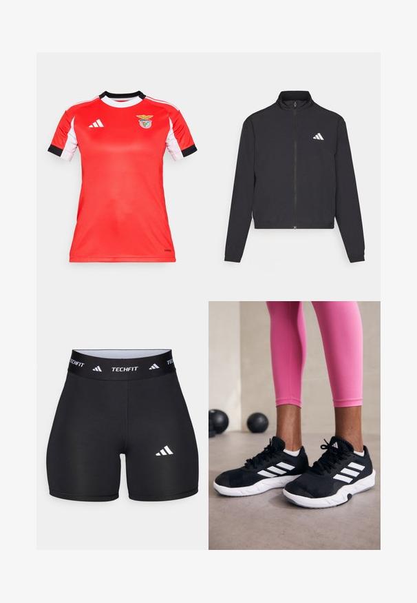 adidas Performance TRAIN ESSENTIALS 3 STRIPES WARM UP - Sportovní bunda - black/white; Červený atletický dres s krátkými bílými rukávy a černými akcenty. Na hrudi má logo Benfiky. Vyrobeno z prodyšného materiálu.; Černé šortky vyrobené z pružného materiálu s přiléhavým střihem. Vybaveny širokým černým páskem se označením "TECHFIT" a bílým logem na noze.; Černé sportovní boty s bílými pruhy, texturovaný síťovinový svršek a bílá podrážka. Nosené s růžovými legínami, které předvádějí tréninkové oblečení.