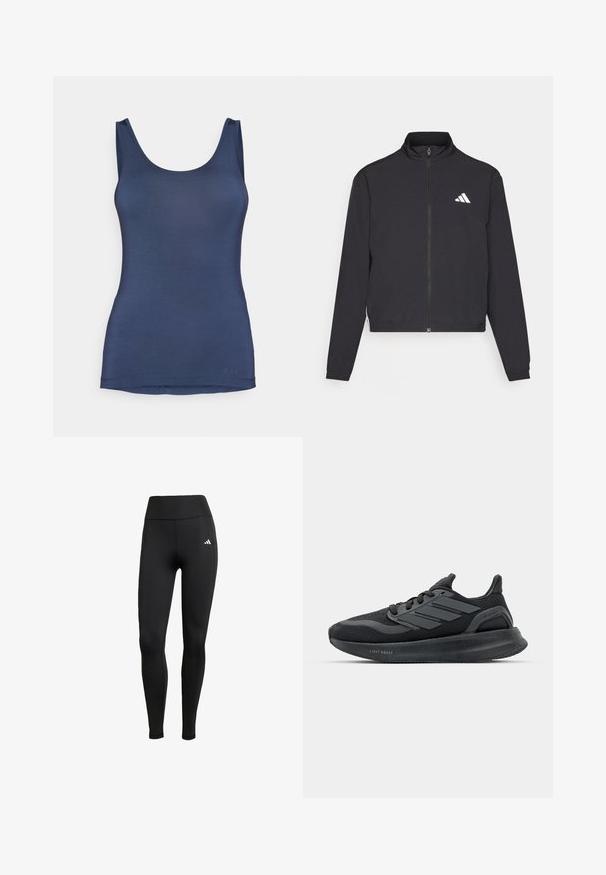 adidas Performance TRAIN ESSENTIALS 3 STRIPES WARM UP - Træningsjakke - black/white; Marineblå top med tynde stropper, lavet af glat og strækbart stof, med en rund halsudskæring og slim fit. Diskret logo nær kanten.; Sorte træningsleggings med høj talje. Fremstillet af strækbart stof med en hvid logo-detalje på øverste venstre side.; Sorte atletik sko med mesh-overdel, teksturerede paneler, detaljer med tre striber og en buet sål mærket "LIGHT BOOST."