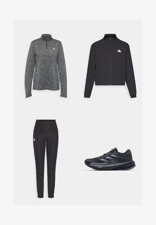 adidas Performance TRAIN ESSENTIALS 3 STRIPES WARM UP - Trainingsvest - black/white; Grijze langharige pullover met kwart-rits, gemaakt van textiel met een gestructureerde stof en een klein logo op de linkerkant van de borst. Platte kraag en rechte zoom.; Zwarte high-waisted leggings van rekbaar materiaal. Heeft een wit logo aan de linkerkant en een stijlvolle, naadloze uitstraling. Soepele textuur.; Zwarte sportieve schoen met een gestructureerde mesh bovenkant, reflecterende accenten, een gevoerde zool en een gestroomlijnd ontwerp. Beschikt over het logo met drie strepen.