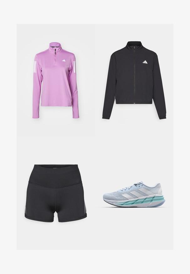 adidas Performance TRAIN ESSENTIALS 3 STRIPES WARM UP - Chaqueta de entrenamiento - black/white; adidas Performance Camiseta de manga larga - preloved purple; Pantalones cortos deportivos negros con una cinturilla alta, hechos de tela elástica. Presentan franjas laterales blancas y costuras planas para mayor comodidad.; Zapatillas deportivas azul claro con un upper de punto texturizado, acentos blancos y una suela intermedia verde transparente. Punta redondeada y cuello acolchado.