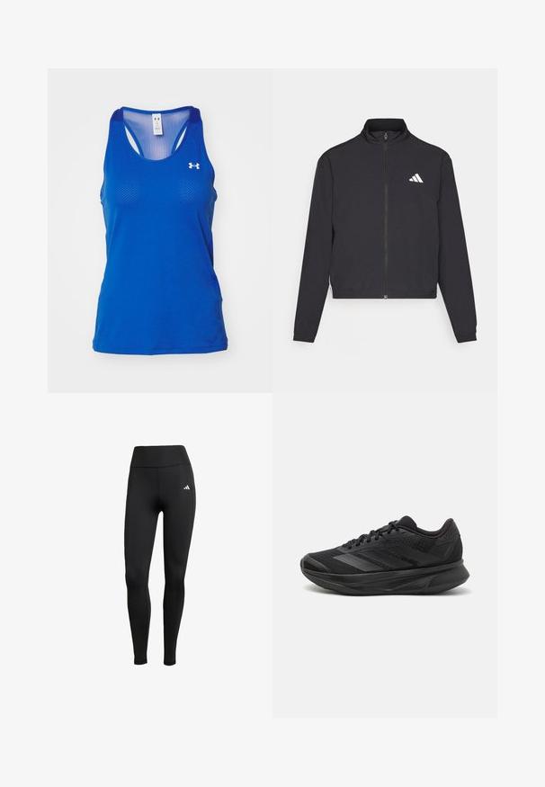 adidas Performance TRAIN ESSENTIALS 3 STRIPES WARM UP - Bluză de trening - black/white; Under Armour TECH RACER - Top - tech blue/white; Leggings sportivi negri cu un talie înaltă. Realizate dintr-un material elastic, cu un detaliu al logo-ului alb în partea stângă sus.; Adidas negre pentru alergare, cu un superior din plasă respirabilă, vârf rotunjit, design elegant, accente texturate și o talpă căptușită pentru confort.