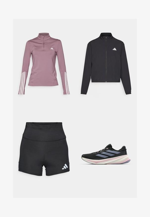 adidas Performance TRAIN ESSENTIALS 3 STRIPES WARM UP - Training jacket - black/white; adidas Performance 1/4 ZIP - Long sleeved top - shadow fig/white; adidas Performance Leggings - black; Black running shoe with mesh upper, light purple accents, and three horizontal gray stripes. Features a cushioned sole for comfort.