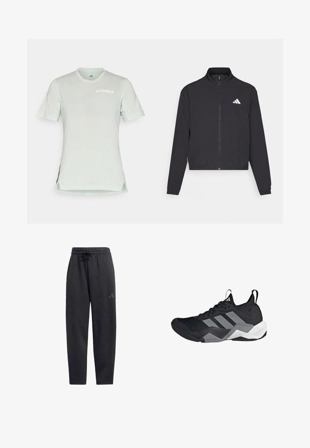 adidas Performance TRAIN ESSENTIALS 3 STRIPES WARM UP - Training jacket - black/white; Light mint green short-sleeve athletic shirt with breathable mesh accents, TERREX logo in white, crew neck, side slits, and soft texture.; Black sweatpants made of soft fabric, featuring an elastic waistband with a drawstring, straight legs, and a discreet logo on the thigh.; Black athletic shoe with a breathable mesh upper, grey accents, textured sole, and three distinctive stripes on the side.