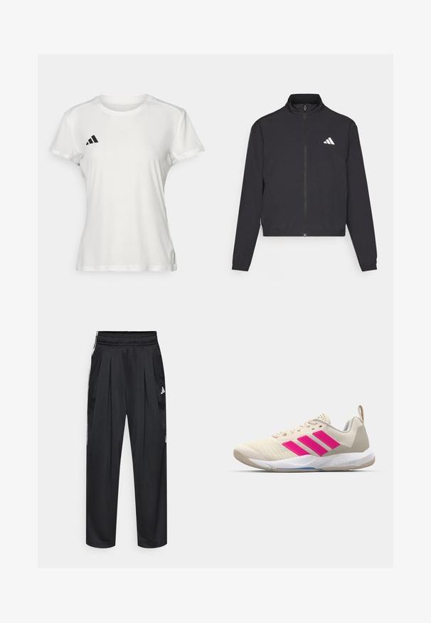 adidas Performance TRAIN ESSENTIALS 3 STRIPES WARM UP - Bluză de trening - black/white; Tricou sportiv alb din material care absoarbe umezeala. Mâneci scurte, guler rotund, cu logo negru și emblemă cu trei dungi pe pieptul stâng.; Pantaloni sportivi negri cu pliuri, talie elastică și dungi laterale. Confecționați dintr-un material neted, având logo-ul Adidas alb.; Pantof de sport bej cu logo în trei dungi roz, superior din plasă texturată, guler căptușit și talpă din cauciuc alb, având marca "LIGHTSTRIKE".