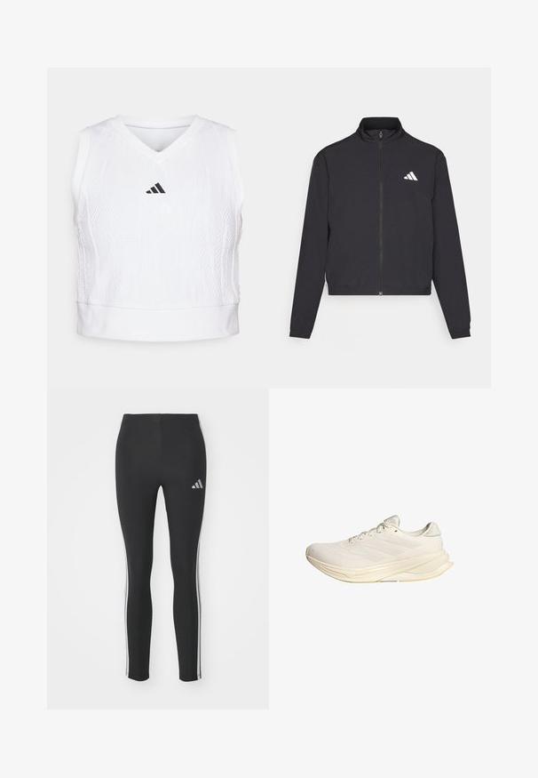 adidas Performance TRAIN ESSENTIALS 3 STRIPES WARM UP - Trainingsjacke - black/white; adidas Performance TENNIS PRO AEROREADY CROP - Top - white; Schwarze Leggings aus dehnbarem Material mit weißen Seitenstreifen und einem kleinen reflektierenden Logo auf der oberen linken Seite.; Helle beige Sportschuhe mit einem Obermaterial aus Mesh, flachen Schnürsenkeln und einer gepolsterten Sohle. Verfügt über ein design mit drei Streifen an der Außenseite.