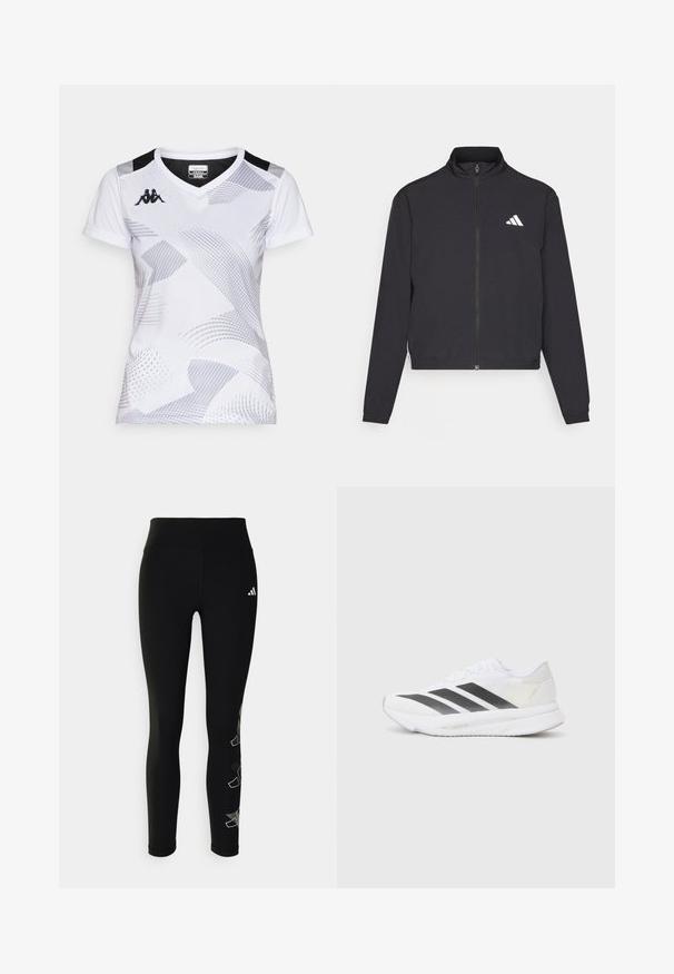 adidas Performance TRAIN ESSENTIALS 3 STRIPES WARM UP - Training jacket - black/white; White sports t-shirt with a v-neck, featuring abstract grey patterns and black accents on the shoulders. Fabric appears lightweight and smooth.; Black leggings made from stretchy material, featuring a high waistband and a reflective logo on the hip, with a geometric accent design on the leg.; White athletic shoe with black diagonal stripes, mesh upper, rounded toe, and textured sole. Accents include a silver heel and minimalistic design.