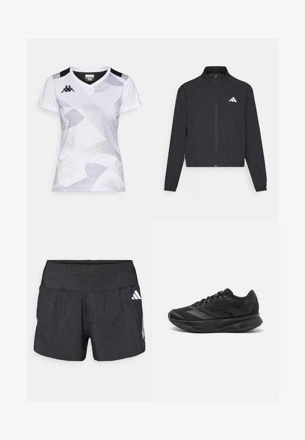 adidas Performance TRAIN ESSENTIALS 3 STRIPES WARM UP - Training jacket - black/white; White sports t-shirt with a v-neck, featuring abstract grey patterns and black accents on the shoulders. Fabric appears lightweight and smooth.; Black athletic shorts featuring a wide elastic waistband, lightweight fabric, and white logo accents on the lower side.; Black running shoe with a breathable mesh upper, rounded toe, sleek design, textured accents, and a cushioned sole for comfort.