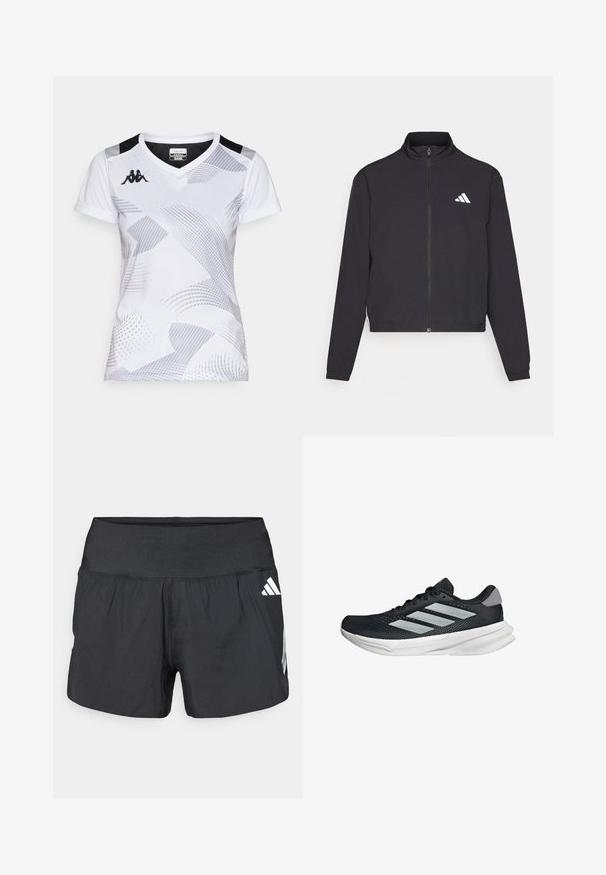 adidas Performance TRAIN ESSENTIALS 3 STRIPES WARM UP - Training jacket - black/white; White sports t-shirt with a v-neck, featuring abstract grey patterns and black accents on the shoulders. Fabric appears lightweight and smooth.; Black athletic shorts featuring a wide elastic waistband, lightweight fabric, and white logo accents on the lower side.; Black running shoe with mesh upper, three silver stripes, white midsole, and textured outsole. Features padded collar and lace closure.