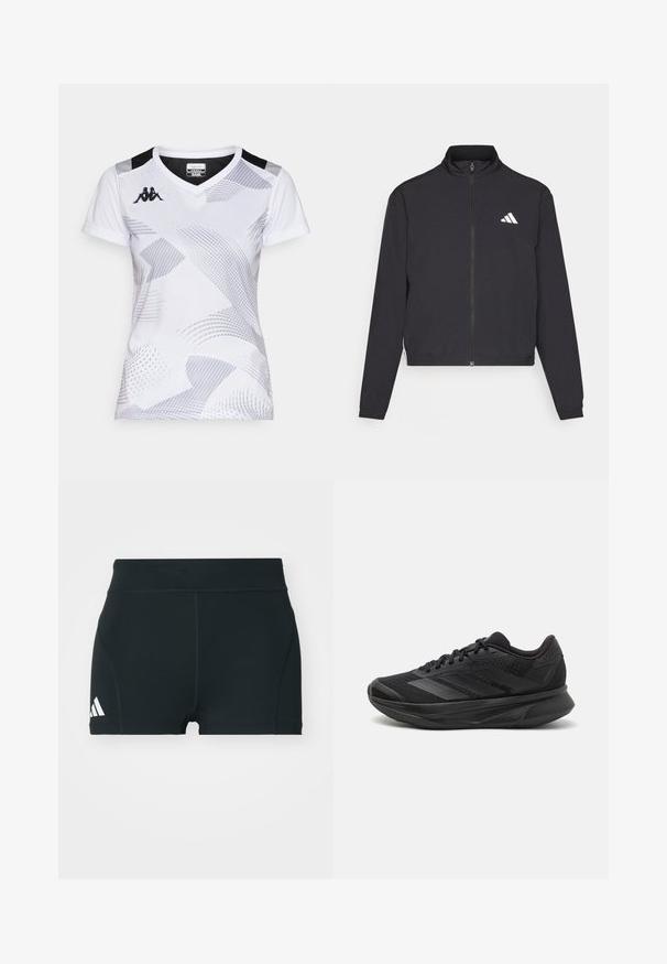 adidas Performance TRAIN ESSENTIALS 3 STRIPES WARM UP - Träningsjacka - black/white; Vit sport t-shirt med v-ringning, prydd med abstrakta grå mönster och svarta detaljer på axlarna. Tyget verkar lätt och slätt.; Svarta träningsshorts i stretchigt material, med hög midja, åtsittande passform och vitt Adidas-logga på vänster sida.; Svart löparskor med ett andningsbart mesh-övre, rund tå, elegant design, texturerade accenter och en dämpad sula för komfort.