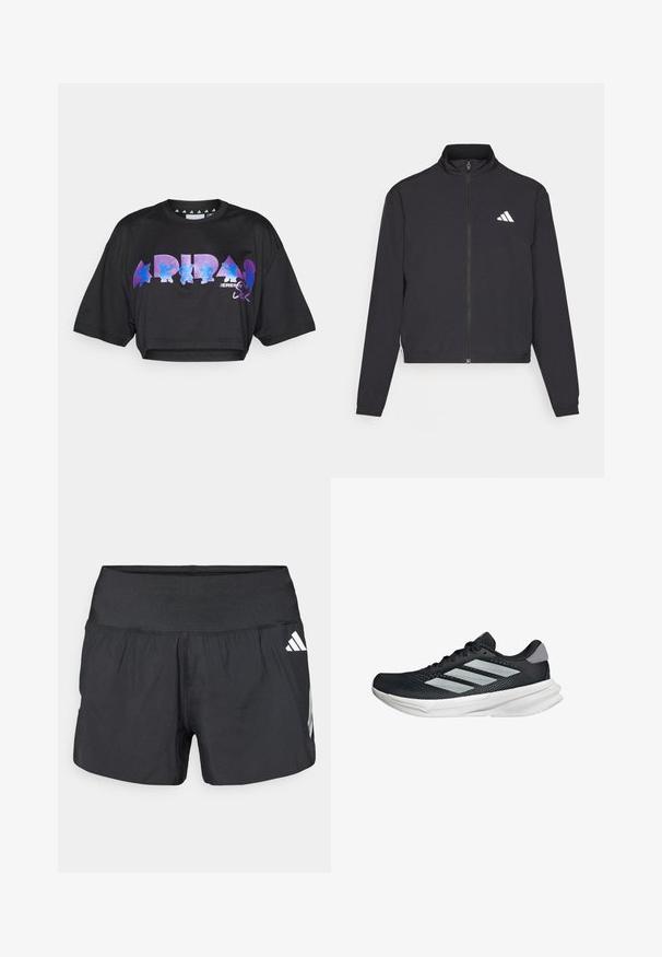 adidas Performance TRAIN ESSENTIALS 3 STRIPES WARM UP - Verryttelytakki - black/white; Musta lyhyt cropped t-paita kevyestä kankaasta, jossa on suuria violetteja ja sinisiä grafiikkatekstejä sekä -elementtejä edessä, lyhyillä hihoilla.; Musta urheilushortsit, joissa on leveä joustava vyötärönauha, kevyt kangas ja valkoiset logokoristeet alaosassa sivulla.; Musta juoksukenkä, jossa on verkko-osa ylhäällä, kolme hopeista raitaa, valkoinen välipohja ja teksturoitu pohja. Varustettu pehmustetulla nilkkaremmeillä ja nauhakiinnityksellä.