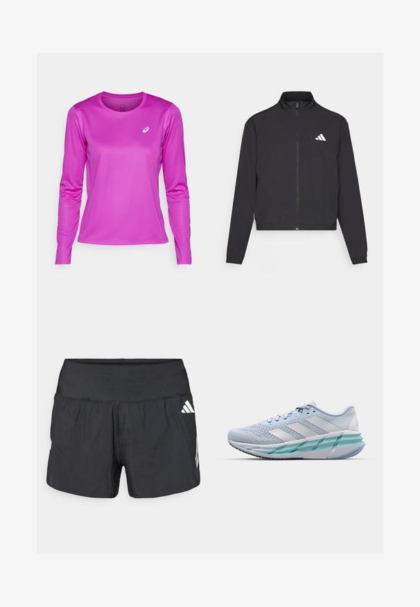 adidas Performance ESSENTIALS 3 STRIPES czarny; ASICS - Bluzka z długim rękawem; Czarne spodenki sportowe z szerokim elastycznym pasem, lekkim materiałem i białymi akcentami logo na dolnej stronie.; Jasnoniebieskie buty sportowe z teksturowaną cholewką z dzianiny, białymi akcentami i przezroczystą zieloną podeszwą środkową. Okrągły czubek i wyściełany kołnierz.