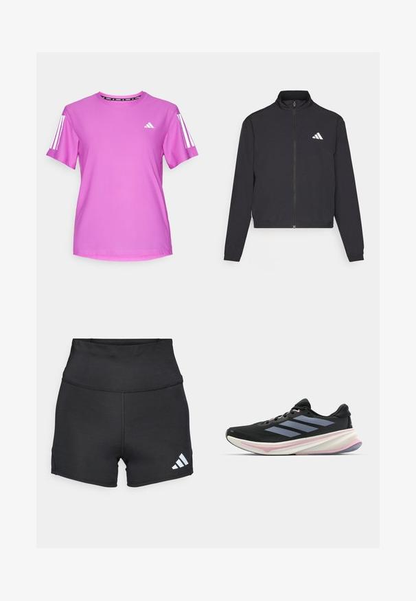 adidas Performance TRAIN ESSENTIALS 3 STRIPES WARM UP - Casaco de treino - black/white; T-shirt atlético rosa com mangas curtas, apresentando detalhes em três riscas brancas e um logótipo da Adidas, confeccionado em tecido leve e texturizado.; adidas Performance Leggings - black; Sapatilha de corrida preta com parte superior de malha, detalhes em roxo claro e três riscas cinzas na horizontal. Apresenta uma sola acolchoada para mais conforto.