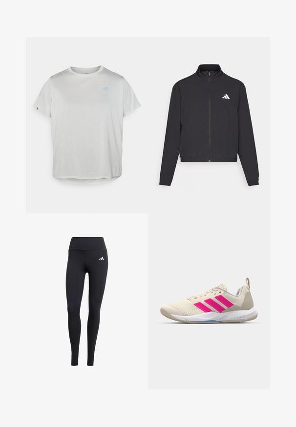 adidas Performance TRAIN ESSENTIALS 3 STRIPES WARM UP - Casaco de treino - black/white; T-shirt de manga curta cinzento claro com textura de malha, apresentando um pequeno logótipo azul no lado superior esquerdo e uma bainha arredondada.; Leggings pretas feitos de material elástico, com uma cintura alta e um pequeno logótipo branco, com um acabamento suave e mate.; Sapata atlética bege com logotipo de três riscas cor-de-rosa, parte superior em malha texturizada, colarinho acolchoado e sola de borracha branca, apresentando a marca "LIGHTSTRIKE".