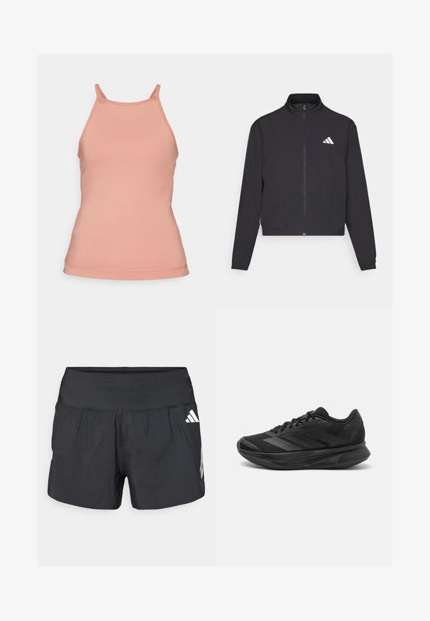adidas Performance TRAIN ESSENTIALS 3 STRIPES WARM UP - Tréningová bunda - black/white; Nádržkový top v broskyňovej farbe s priliehavým strihom, tenkými ramienkami a bezšvovými okrajmi, vyrobený z hladkej, elastickej látky.; Čierne atletické šortky s širokým elastickým pásom, ľahkým materiálom a bielymi logami na dolnej strane.; Čierna bežecká obuv s priedušným sieťovaným zvrškom, zaoblenou špičkou, štíhlym dizajnom, štruktúrovanými akcentmi a polstrovanou podrážkou pre pohodlie.