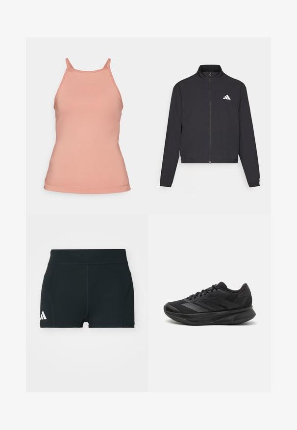 adidas Performance TRAIN ESSENTIALS 3 STRIPES WARM UP - Training jacket - black/white; Peach-colored tank top with a fitted design, thin straps, and seamless edges, made from a smooth, stretchy fabric.; Black athletic shorts made of stretchy fabric, featuring a high waistband, fitted shape, and white Adidas logo on the left side.; Black running shoe with a breathable mesh upper, rounded toe, sleek design, textured accents, and a cushioned sole for comfort.
