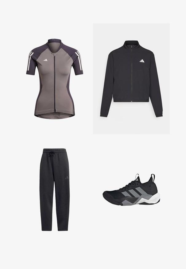 adidas Performance TRAIN ESSENTIALS 3 STRIPES WARM UP - Veste de survêtement - black/white; Maillot de cyclisme à manches courtes en gris avec des accents violets foncés, fermeture éclair à l'avant et bandes blanches sur les épaules. Fabriqué en tissu extensible.; Pantalons de survêtement noirs en tissu doux, dotés d'une taille élastique avec cordon de serrage, de jambes droites et d'un logo discret sur la cuisse.; Chaussure de sport noire avec une tige en maille respirante, des accents gris, une semelle texturée et trois rayures distinctives sur le côté.