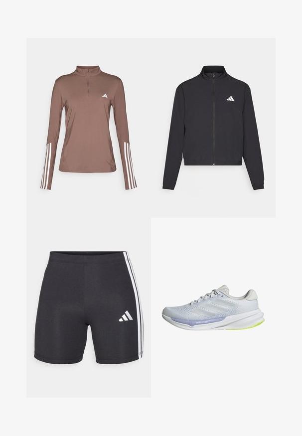 adidas Performance ESSENTIALS 3 STRIPES czarny; Brązowa, długi rękaw, sportowa koszulka z pół zamkiem, z białymi trzema paskami na rękawach i małym białym logo na klatce piersiowej.; Czarne sportowe szorty wykonane z elastycznego materiału, z białymi paskami po bokach i logo Adidasa na dolnej części prawej nogawki. Gładka tekstura.; Białe buty sportowe z oddychającą siateczką, teksturowanym wzorem i lawendowym akcentem. Mają miękką podeszwę z zielonymi detalami na podeszwie.