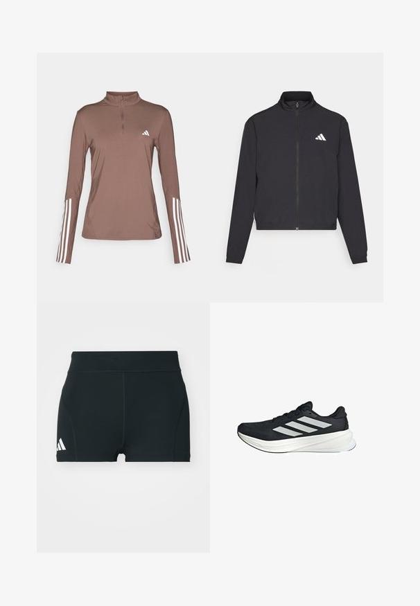 adidas Performance TRAIN ESSENTIALS 3 STRIPES WARM UP - Trainingsvest - black/white; Bruin, lange mouwen sporttop met een halve rits, met witte drie-streep accenten op de mouwen en een klein wit logo op de borst.; Zwarte sportieve shorts van rekbaar materiaal, met een hoge tailleband, aangesloten pasvorm en een wit Adidas-logo aan de linkerkant.; Zwarte sportschoen met een textuur bovenwerk, voorzien van drie witte strepen aan de zijkant en een witte tussenzool. Lichtgewicht ontwerp, gestroomlijnde vorm.