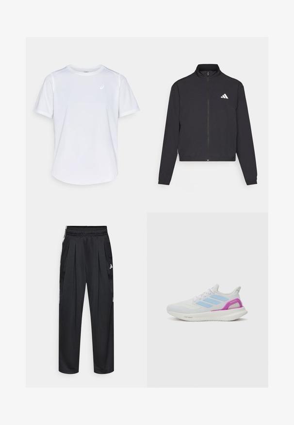 adidas Performance TRAIN ESSENTIALS 3 STRIPES WARM UP - Treniņjaka - black/white; Balta sporta t-kreklu ar īsām piedurknēm, apaļu kakla izgriezumu, izgatavots no mitruma absorbējoša auduma, ar mazu logotipu uz krūšu daļas, viegla tekstūra.; Melnas sporta bikses ar krokojumu, elastīgu jostasvietu un sānu svītrām. Izgatavotas no gludas auduma, ar baltu Adidas logotipu.; adidas Performance PUREBOOST 5 - Apavi skriešanai pa asfaltu - white/glow blue/purple burst