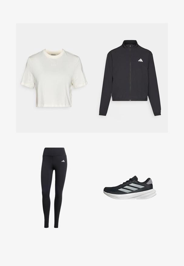 adidas Performance TRAIN ESSENTIALS 3 STRIPES WARM UP - Training jacket - black/white; Cropped white t-shirt made of cotton with a smooth texture, featuring a round neck and short sleeves. "BORG" logo in subtle embroidery.; Black leggings made of stretchy material, featuring a high waistband and a small white logo, with a smooth, matte finish.; Black running shoe with mesh upper, three silver stripes, white midsole, and textured outsole. Features padded collar and lace closure.