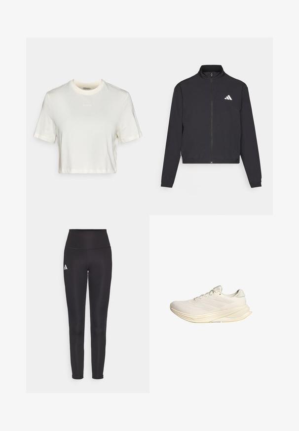 adidas Performance TRAIN ESSENTIALS 3 STRIPES WARM UP - Casaco de treino - black/white; T-shirt branca cropped feita de algodão com uma textura suave, apresentando um pescoço redondo e mangas curtas. Logótipo "BORG" em bordado subtil.; Leggings pretos de cintura alta feitos de tecido elástico. Apresenta um logótipo branco no lado esquerdo e um design elegante e sem costuras. Textura suave.; Sapatilha desportiva bege claro com parte superior em malha, atacadores planos e sola acolchoada. Apresenta um design de três riscas no lado lateral.
