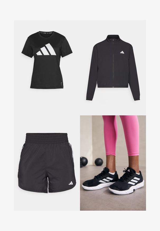 adidas Performance TRAIN ESSENTIALS 3 STRIPES WARM UP - Bluză de trening - black/white; Tricou sportiv negru, confecționat dintr-un material neted, având un logo mare alb cu trei dungi pe față și detalii cu etichetă la tiv.; Șorturi atletice negre, cu talie elastică, buzunare laterale și accente albe pe laterale. Fabricate dintr-un material ușor.; Adidași negri cu dungi albe, suprafață din plasă texturată și talpă albă. Purtați cu colanți roz, evidențiind îmbrăcămintea sport.